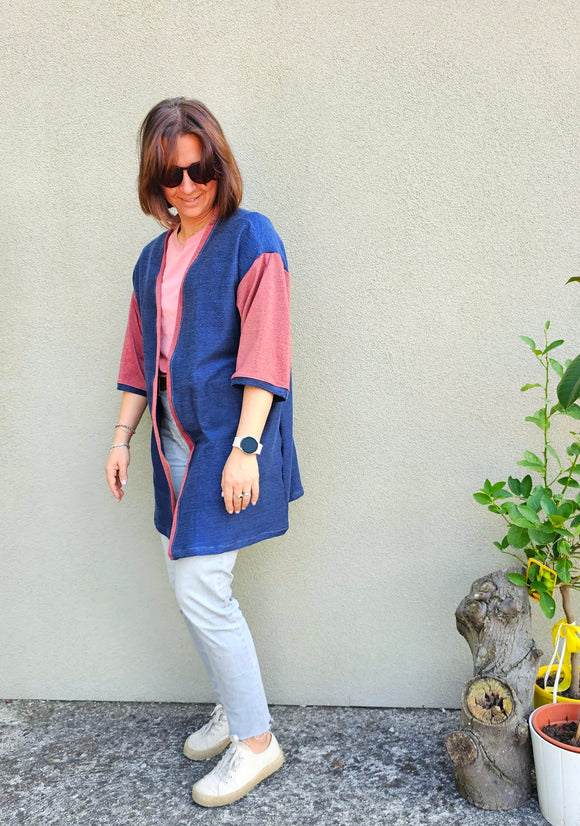 Cardigan a kimono in tessuto jersey di misto cotone e lino + glitter color vinaccia