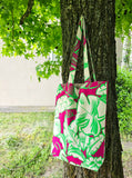 Shopper in cotone, fantasia fluo foliage, personalizzabile con il nome