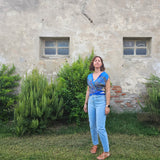 Kimono corto incrociato leggerissima, fantasia arabesque blu