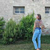 Kimono corto incrociato leggerissima, fantasia arabesque blu