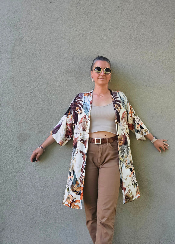 Kimono in viscosa di cotone leggerissima, fantasia Bouquet D'Ottocento