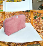 Beauty multiuso imbottito in velluto a costine orchidea e interno in tessuto con 4 tasche, fantasia geometrica