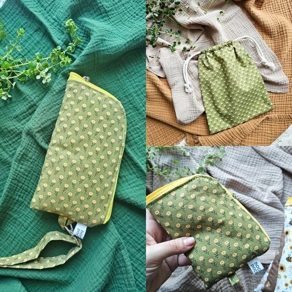 Set 3 pezzi margherite gialle: Sacchetto CuorGentile, Porta cellulare e Portachiavi